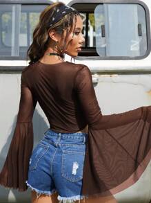 SHEIN ICON 女士纯色前结网眼下摆喇叭袖透明上衣 - 咖啡棕 - 查看 3