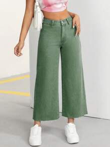 SHEIN PETITE 女士时尚休闲百搭侧袋宽松喇叭腿牛仔裤 - 綠色 - 查看 4