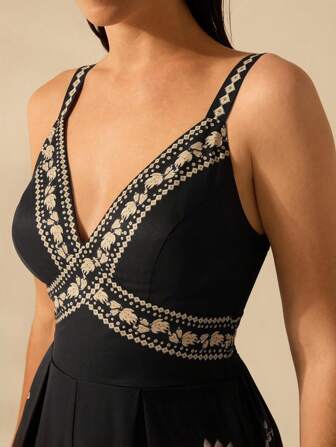 CAJUNI Women's Boho Banana Tree And Coconut Tree Print, Sleeveless Black Long Jumpsuit, Holiday Casual Beach Summer Jumpsuit