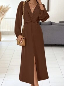 Calvaya 女士优雅纯色扭纹细节前开衩连衣裙，秋季长款女装秋季服装 - 棕色 - 查看 4
