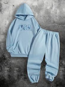 SHEIN 2pcs Loose Fit Teen Boy Letter Print Hoodie Sweatshirt And Shorts Set