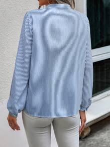 EMERY ROSE 1 chiếc áo sơ mi kẻ sọc buộc dây đơn giản, tối giản và thời trang để mặc hàng ngày - Xanh và trắng - Xem 2