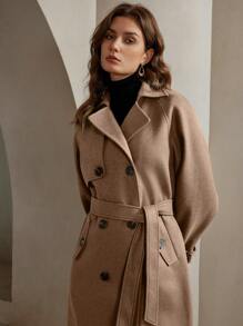 Anewsta 女式纯色插肩袖长袖休闲中长款翻领外套，秋冬 - 卡其色 - 查看 4