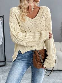 Chiquease Plain Color Dropped Shoulder Loose Knit Sweater, Casual Autumn/Winter Knit Pullover Fall - White - View 6