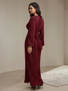 Veilorie Women's Casual Solid Color Twist Detail Dress, Autumn Modest - Burgundy - View 2