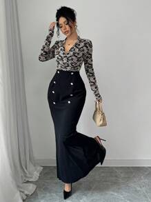Modelyn Đầm midi dáng ôm bó sát cổ chữ thập màu đen tương phản thanh lịch dành cho nữ, tay dài, cài nút phía trước, xẻ tà viền, thu/đông - màu đen - Xem 4
