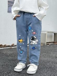 SHEIN Young Boy Planet & Astronaut Print Elastic Waist Jeans Chic Outfits For Autumn/Winter - Medium Wash - View 3