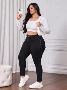 SHEIN CURVE+ Quần bó denim đen co giãn thắt nơ hai bên cỡ lớn cho nữ - màu đen - Xem 4