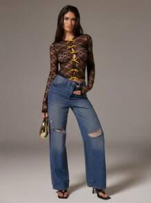 SHEIN Unity Women's Sexy Sheer Lace Bow Decor Blouse