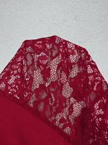 Viva Relle 大码纯色蕾丝拼接圆领休闲短款连衣裙新年衣服 - 紅色 - 查看 8