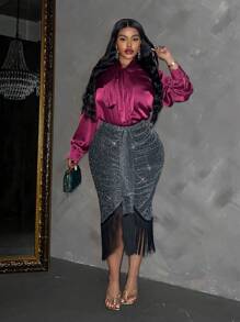 Slaydiva Dark Green,Autumn,Girlism,Rave Ladies Plus Size A-Line Skirt,Metallic Shiny Fabric Front Waist Ruched Ruffle Hem Splice Fringes Elegant Party Wear - Black - View 6