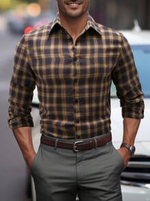 Manfinity Mode 男士工作多色格子印花领长袖正装衬衫，适合春秋季节 - 咖啡棕 - 查看 1