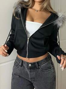 女式休闲连帽卫衣，仿皮草拼接，正面拉链，秋冬 - 黑色 - 查看 3