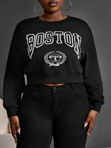 Maweii Sudadera de cuello crew informal para mujer talla grande con estampado de letras y hombros caídos de manga larga para otoño
