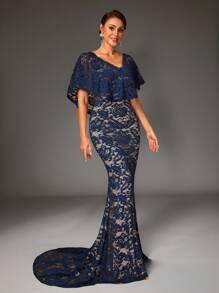 SHEIN Belle Elegant Navy Blue Stretch Lace V-Neck Shawl Splicing Lace Slim Fit Fishtail Train Suitable For Mother To Attend The Evening Dance Party Wedding Bride Mother Dress Heavy Industry Dinner Dress, Mother Of The Bride Dress - Navy Blue - View 3