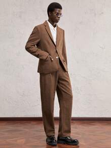 AKNOTIC Formal 2pcs Men Woven Short Collar Long Sleeve Casual Suit Set, Suitable For Daily Office Wear - Khaki - View 2