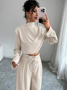 Firerie Conjunto de 2 piezas: Blusa elegante con cuello en color albaricoque y pantalón de pierna ancha, atuendo de maestra, conjunto de pantalón ligero y cómodo, top asimétrico sin mangas - Albaricoque - Ver 2