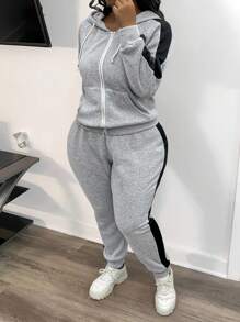 SHEIN LUNE Bộ 2 món áo hoodie và quần nỉ có dây rút màu tương phản cỡ lớn thường ngày - Nhiều màu - Xem 1