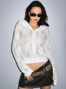 EgrlEra Sudadera corta con cuello de encaje y malla vintage, con pelusa, atuendo navideño de invierno estilo Y2K