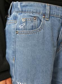 SUMWON Tween Girls Straight Fit Washed Jean With Side Hip Pink Embroidery - Blue - View 5