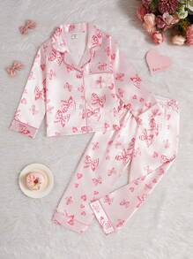 SHEIN 2pcs/Set Little Girls Cute Bow Print Lapel Cardigan With Casual Pants, Comfortable Loungewear - Multicolor - View 3