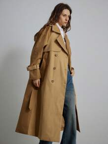 Aveloria Modichic Commuting Versatile British Style Matching Color Khaki Canvas Belt Design Hooded Classic Extra Long Knee Length Trench Coat  - Multicolor - View 6