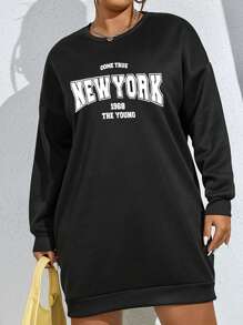 Flirla New York, True, Young Print Crew Neck Long Sleeve Plus Size Women Sweatshirt Dress For Autumn/Winter - Black - View 3