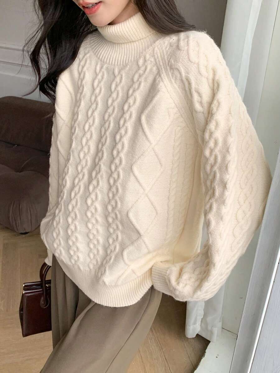 DAZY Women's Turtleneck Loose Fit Cable Knit Pullover Sweater,Fall Women Clothes - Beige - View 1