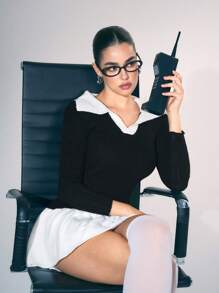 Flirla Robe pull nouvelle automne et hiver, robe simple casual avec col chemise contrastant et empiècement