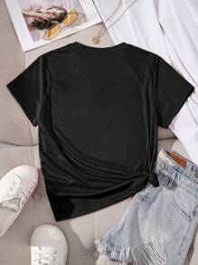 SHEIN EZwear Áo thun tay ngắn in khẩu hiệu vui nhộn thường ngày dành cho nữ - màu đen - Xem 2