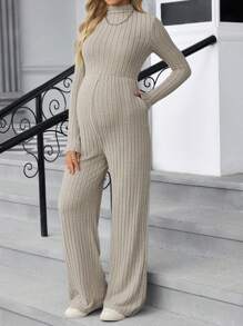 SHEIN Maternity Solid Color Stand Collar Long Sleeve Ribbed Pocket Casual Jumpsuit - Apricot - View 1