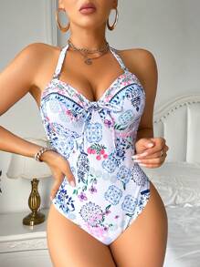 Swim DD+ PUSH UP TUMMY CONTROL 花卉印花露背系带度假连体泳衣 - 黑與白 - 查看 5