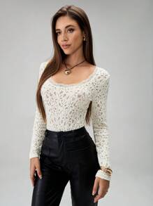 Almamuse 1 pièce Body femme élégant à contraste de dentelle avec col rond et manches longues