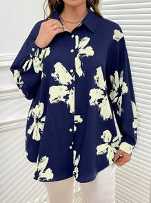 SHEIN Clasi 1pc Women Plus Size Full Open Black Base Printed Long Sleeve Shirt, Suitable For Autumn/Winter