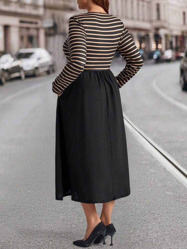 Plus Size Winter Women Long Sleeve Patchwork Striped Round Neck Long Sleeve Pocket Casual Dress