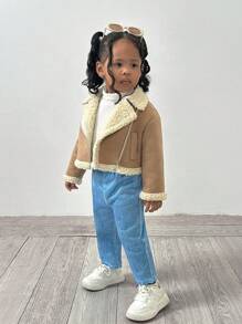 SHEIN 3pcs Baby Girl Set: Khaki Thermal Lined Collared Jacket, Knit Sweater, And Long Pants, Cute & Versatile, Autumn/Winter - Multicolor - View 8