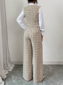 Modelyn Women Plaid Print Vest & Pants 2pcs Suit Outfit, Elegant For Commuting, Autumn 2 Pieces Set