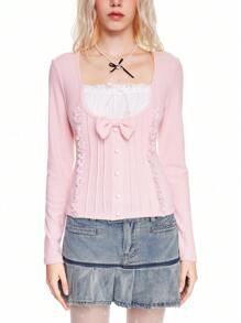 ROMWE Kawaii Áo thun tay dài 2 trong 1 trang trí nơ dễ thương Himekaji cho nữ - Hồng - Xem 2