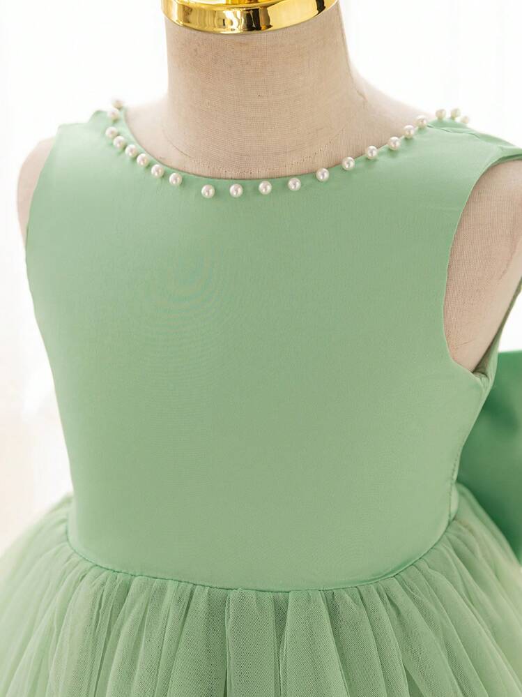 SHEIN Glamorique Kids Vestido de fiesta de Navidad para niña pequeña, vestido de año nuevo para niña de flores de boda, vestido de princesa de satén suave color verde claro, vestido de fiesta de Navidad con escote en V, lazo hueco y para banquete - Verde - Añade 5