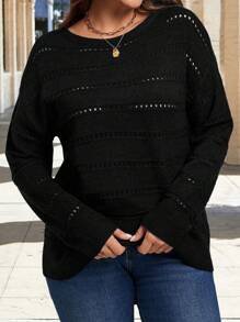 大码简约纯色镂空针织毛衣，秋冬季休闲装 - 黑色 - 查看 4