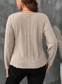 SHEIN VCAY Plus Size Women V-Neck Long Sleeve Pullover Casual Drawstring Blouse, Daily Wear Winter Boho Women New Years Women Winter Going Out Basic - Apricot - View 2