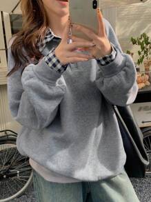 DAZY 女士休闲格子印花长袖二合一运动衫，秋季服装 - 灰色 - 查看 4