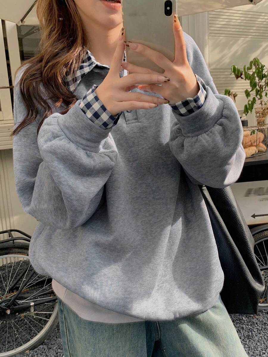 DAZY 女士休闲格子印花长袖两件套卫衣，秋季服装 - 灰色 - 查看 1