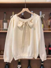 DAZY 1 pieza Suéter casual de mujer con lazo y espalda descubierta de manga larga, ropa de mujer de otoño - Albaricoque - Ver 6