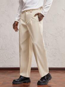 AKNOTIC Business Casual Men Loose Casual Khaki Cropped Tapered Pants, Suitable For Daily Wear With Metallic Split Decor Accessories - Khaki - View 5