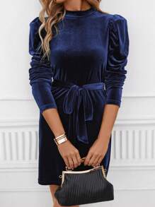 SHEIN Clasi Women's Solid Color Round Neck Puff Sleeve Fitted Short Dress - Navy Blue - View 6