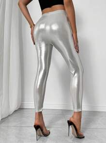 SHEIN Privé Women Solid Color Low Waist Simple Slim Fit Casual Leggings - Apricot - View 2