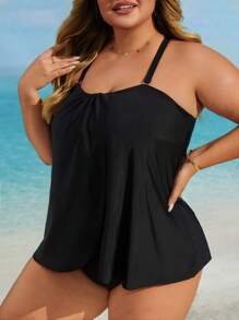 Swim Lushoire Plus Size Women Slip-Resistant Spaghetti Strap Camisole Tankini Summer - Black - View 3