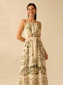 CAJUNI Váy không tay hở dây rút họa tiết cây dâm bụt nhiệt đới, cây dừa, cây rắn dành cho nữ, váy đi biển thường ngày - Nhiều màu - Xem 4