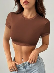 SHEIN PETITE Casual Simple Solid Color Round Neck Cropped Slim Fit Women's T-Shirt - Brown - View 7